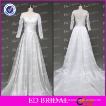 ED Bridal A-Line cetim redondo Cetim China Lace Real Long Sleeve Vestidos de casamento